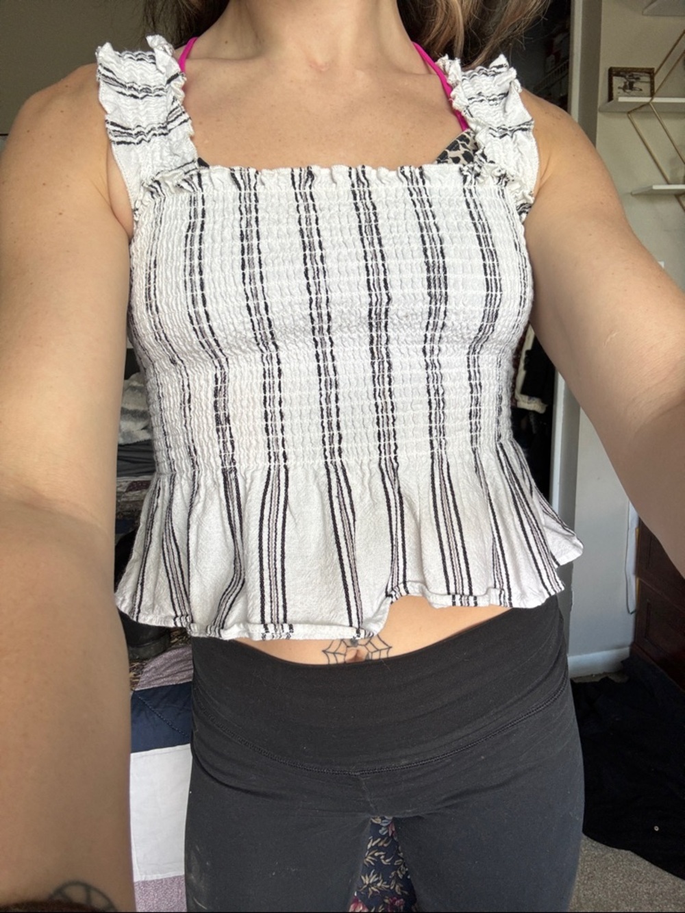 Forever 21 White and Black Smocked Ruffle Peplum Crop Top